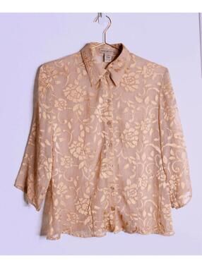 VTG Orange Sheer Foliage Sheer Blouse - Medium